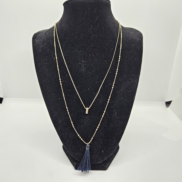 gold tone layered necklace with rectangle pendant and blue tassel - Picture 1 of 4